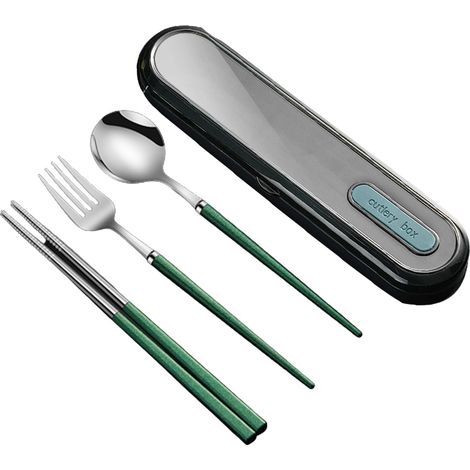 Reusable stainless steel travel cutlery, utensils set with case, Portable Silverware Lunch Box for Camping and Office