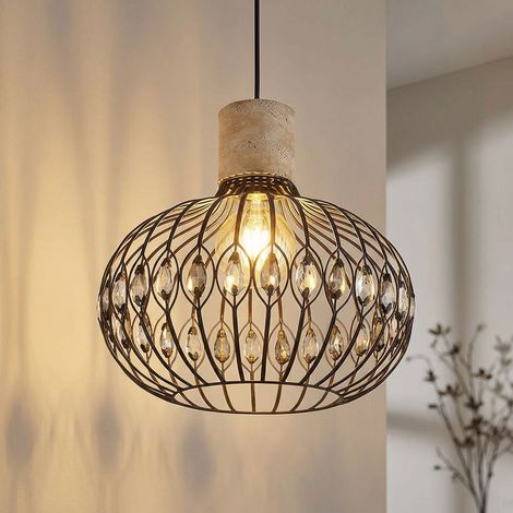 LED Pendellampe Hängeleuchte Wohnzimmerlampe Travertine Stein Kristalle D 38 cm