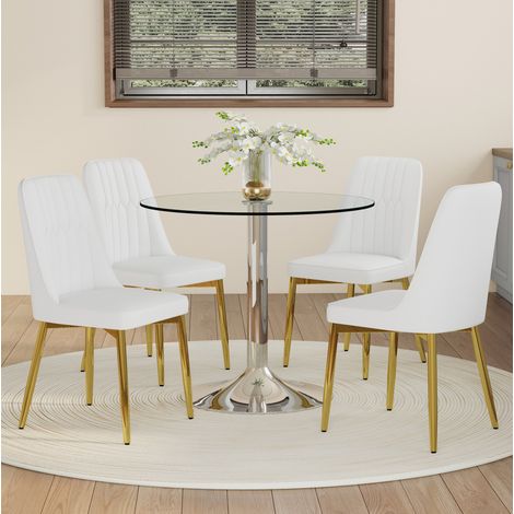Ensemble de salle à manger en verre transparent, métal argenté et PU blanc, table ronde Ø85x76 cm, pieds dorés (1/5)