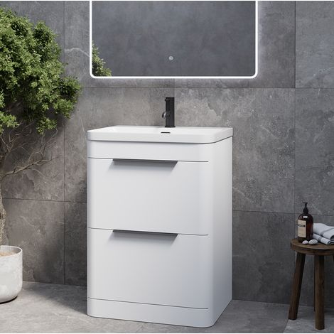 Oslo Gloss White 600mm 2 Drawer Vanity Unit with Fina Basin - 600mm - Matt Black 300mm Finger Pull