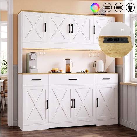 Credenza buffet alta 150x40x180 cm bianco e rovere con LED, prese USB e portabicchieri (1/5)