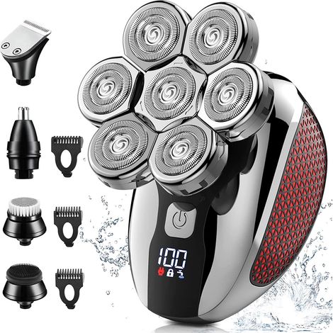 Rasoir électrique homme 7D rechargeable sans fil, étanche doux/sec, rouge vin, kit rotatif 5-en-1 avec tondeuse cheveux et barbe, lame multi-usage pour rasage précis (1/5)