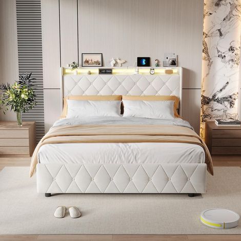 Letto matrimoniale 140x200 cm con cassetti, struttura con LED RGB, testiera contenitore e stazione di ricarica USB + Type-C, flanella, beige (1/5)