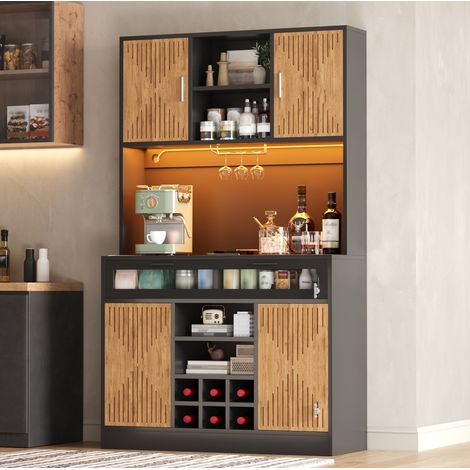 MODFU – Armadio alto cucina 105x40x180 cm in MDF con LED RGB, prese USB, anta in vetro, portabottiglie e portabicchieri – Naturale/nero (1/5)