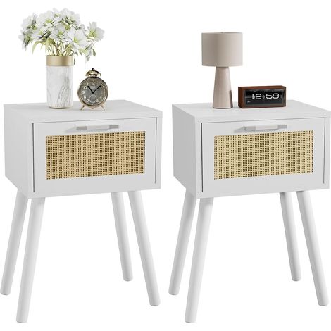 Lot de 2 Tables de Chevet, Table D'appoint avec Rangement, Pieds en Bois, Décorés à La Main en Rotin, Tiroir Magnétique, 35x27x53 cm, pour Chambre à Coucher, Salon, Blanc (1/5)