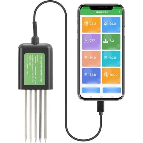 Testeur de sol 7-en-1, mètre d'analyse de sol numérique USB pour la mesure de la température, du pH, du NPK et de l'humidité, compatible avec l'application Android, câble de 1,5 m (1/5)