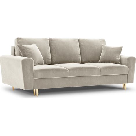 Canapé convertible + box 3 places en velours beige clair (1/4)