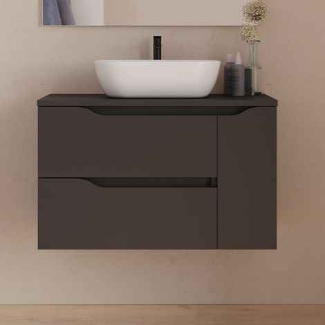 Meuble de salle de bain 80cm avec plateau et vasque à poser centrée Zeus - sans miroir - 2 tiroirs et un placard - noir - ZARZA