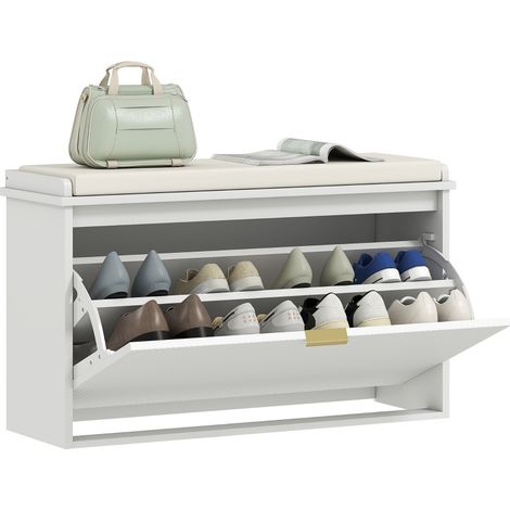 Panca Scarpiera con Ripiano Interno, in Legno e Tessuto Effetto Lino, 80x26x47.5 cm, Bianca e Beige