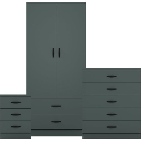 Riano 3 Piece Bedroom Set (3 Drw Bedside Chest, 5 Drw Chest, 2 Door 2 Drw Wardrobe), Green (1/3)