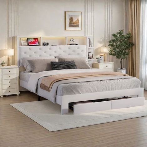 Doppelbett 140x200 cm mit Stauraum, weißer Samtstoff, Fernbedienungsfunktion und Holzoptik – Minimalistisches Design