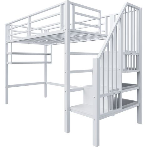Lit mezzanine 90x200 cm avec étagères, échelle de rangement, espace libre sous le lit, barrière de sécurité, sans matelas, blanc. (1/5)