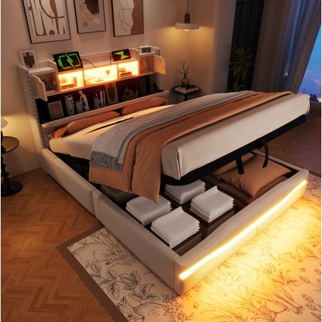 Lit capitonné moderne 140x200 cm en lin beige avec coffre hydraulique, tête de lit USB/Type-C et LED (1/5)