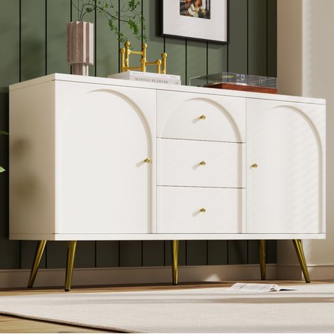 Cómoda de 2 puertas y 3 cajones, 140 x 40 x 84 cm, estante regulable, blanco crema HAVRYA (1/5)