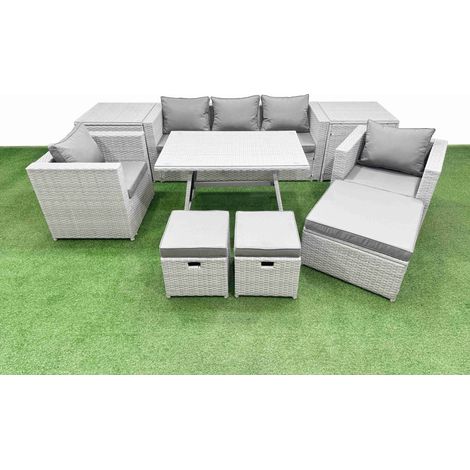 Fimous 10 Pieces Outdoor PE Rattan Sofa Armchair Set Patio Garden Furniture Sets with Cushions 2 Side Tables 3 Stools Light Grey (1/4)