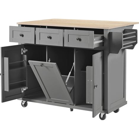 Isla de Cocina con 2 Cajones y Encimera Extensible, Compartimento para Cubo, MDF, 112x46,2x92,7 cm, Gris Natural