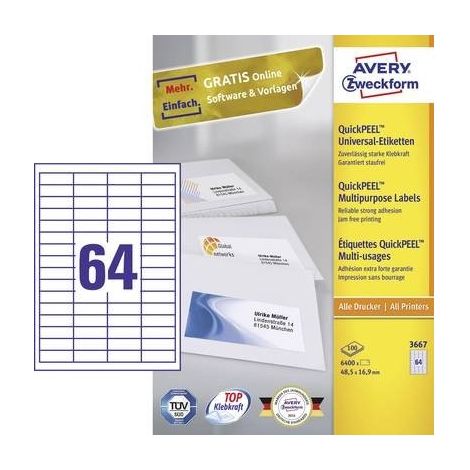 Avery-Zweckform 3667 Etichetta universale 48.5 x 16.9 mm Carta Bianco 6400 pz. A tenuta permanente Stampante a getto d' (1/5)