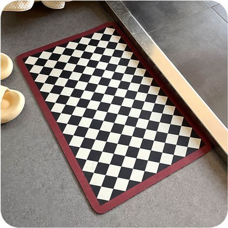LAN Kieselgurmatte mit schwarz-weißem Rautenmuster, 50 x 80 cm, rutschfeste Karomatte für WC und Badezimmer, saugfähige Badezimmer-Fußmatte, Kieselgur-Duschmatte (1/5)
