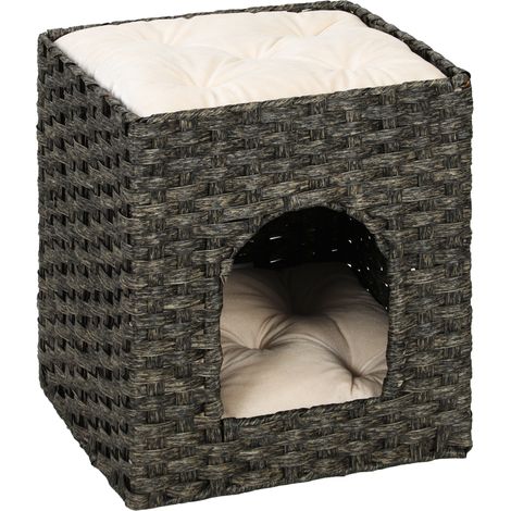 PawHut 2-Tier Wicker Cat House, Rattan Cat Bed with Washable Cushions