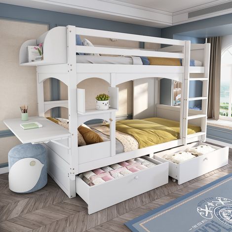 Lit superposé enfant 90x200,lit double,lit enfant multifonctionnel,avec bureau pliant et étagère,avec échelle et 2 tiroirs,blanc (1/5)