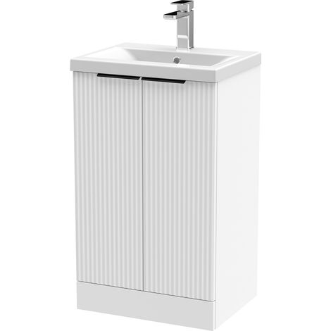 Fluted Front Floor Standing 2 Soft Close Door Bathroom Vanity Unit with 1 Tap Hole Basin, 500mm, Satin White, Black Handles (1/5)