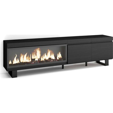 Mueble TV Guaro-01 de 208x57x35 cm con chimenea eléctrica XXL, diseño industrial, color negro (1/4)