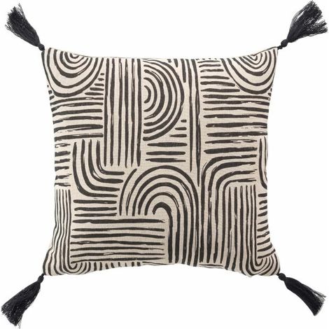 Coussin dehous. pompons 45 x 45 cm polycoton imprime Pandore Noir (1/4)