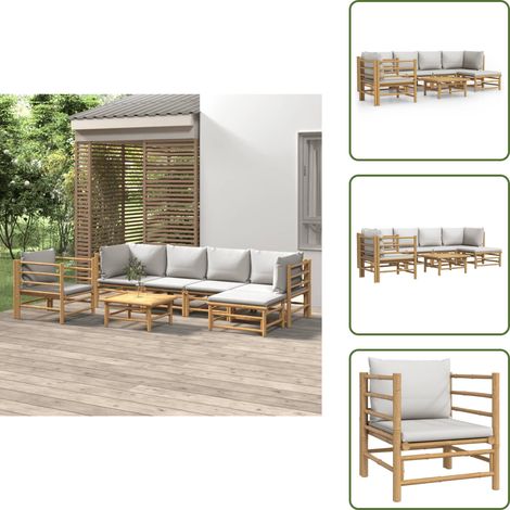 7-tlg. Garten-Lounge-Set mit Hellgrauen Kissen Bambus - Bambus Möbel - Gartenloungeset - Outdoor Möbel - Gartenmöbel - Esstisch (1/5)