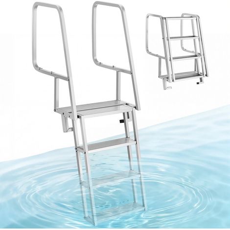 Échelle de Ponton 4 Marches Relevable, Échelle de Baignade en Alliage d'Alu pour Lac, Piscine et Bateau, avec Mains Courantes et Corde de Traction, Marches Antidérapantes, Charge Max. 159 kg (1/5)