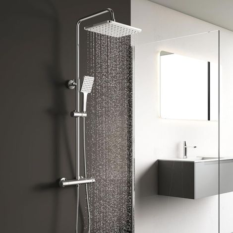 Colonne de Douche Thermostatique, Colonne de Douche avec Mitigeur, Hauteur Réglable, 26 x 19 cm Douche de Tête, Ensemble de Douche pour Salle de Bain, Carré, Chromé (1/4)