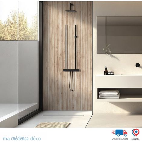 Panneau de douche : Lattes en bois - Couleur Beige ivoire - Alu composite - 90 - 245 (1/4)
