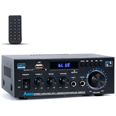 Bluetooth Hifi Audio Stéréo, 300 W x 2, 2 canaux pour home cinéma et haut-parleurs d'étagère, avec radio FM, karaoké, avec USB/SD/RCA/MIC/FM, avec télécommande, pour garage, bar