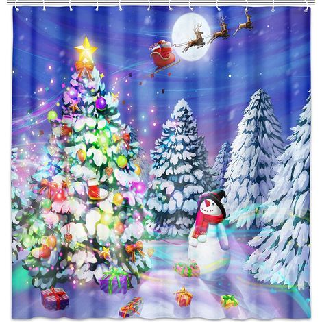 Rideau de douche de Noël, rideau de douche en tissu motif sapin de Noël et bonhomme de neige, rideau de salle de bain Père Noël et rennes avec crochets, 180 cm de large x 180 cm de long (1/3)