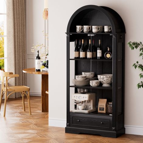 Vitrine courbe 180 cm, buffet cuisine à portes en verre, avec éclairage LED intégré et tiroirs, style rustique chic, noir, parfait pour séjour, cuisine et salle à manger. (1/5)