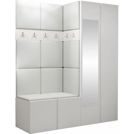 Conjunto para recibidor Pinis X, Blanco, 186x158x46cm, Espejo, Cuero ecológico, Aglomerado laminado, Colocada, Montada en la pared