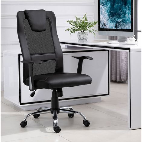 Sedia da ufficio ergonomica in similpelle nera, supporto lombare e poggiatesta, oscillazione, 66x73x108-118 cm (1/5)