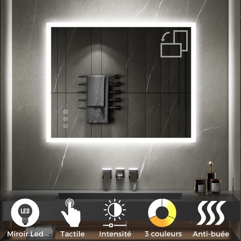Saniverre – Miroir LED lumineux 80x100 cm – Fonction tactile et anti-buée – Éclairage 2100 lumens – Verre haute définition 5 mm