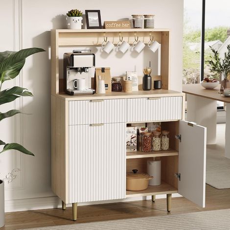 Buffet Vaisselier Moderne à Rainures, Meuble de Rangement avec Portes à Fermeture Douce, Étagères Réglables et 2 Tiroirs pour Cuisine, Salon et Salle à Manger (1/5)