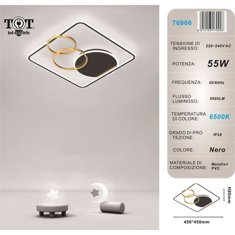 Plafoniera led 55w quadrato con cerchi nero oro lampada da soffitto design moderno luce per camera soggiorno cucina  Bianco freddo