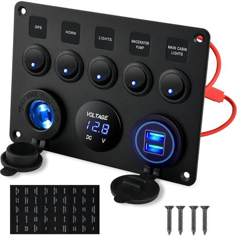 5 gangs Multifonctions à Bascule Double Chargeur USB + Volmètre Numérique + prise 12V Panneau de Commutation pré-câblé avec Disjoncteurs pour Camping-car, Voiture, Bateau, Camion, Remorque (1/5)