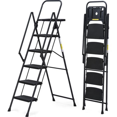Escabeau à 5 marches, escabeau pliable avec plateau à outils et larges pédales antidérapantes, échelle en acier robuste, rampes pratiques, escabeau portable en acier léger