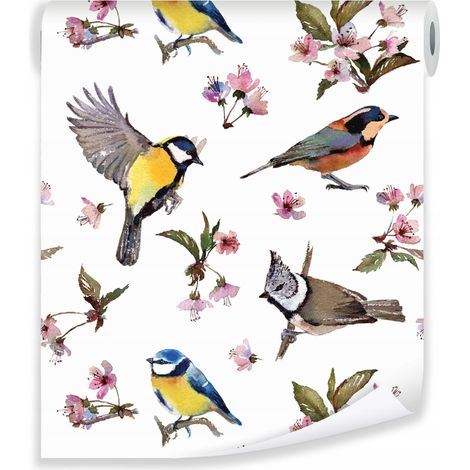 Papier peint oiseaux fleurs feuilles déco murale nature salon chambre – rouleau 0,5 x 10 m Wallarena