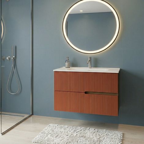 Meuble simple vasque L.80cm à suspendre Chêne Moka 2 tiroirs Brique cannelé EVA - sans colonne (1/5)