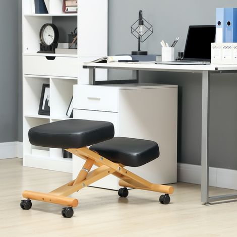 Chaise ergonomique à genoux pour une posture correcte. Hauteur réglable et roulettes en bois. Noire. (1/5)