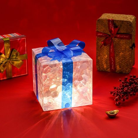 Boîte Cadeau Lumineuse - 60 LED - Motif Flocon De Neige - Rouge Avec Nœud - Pour Intérieur Extérieur - Lot De 3 (1/2)