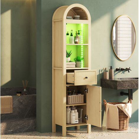 Armadio bagno alto 40x30x163 cm con LED RGB, porta reversibile, cassetto, ripiani regolabili, MDF color legno naturale (1/5)