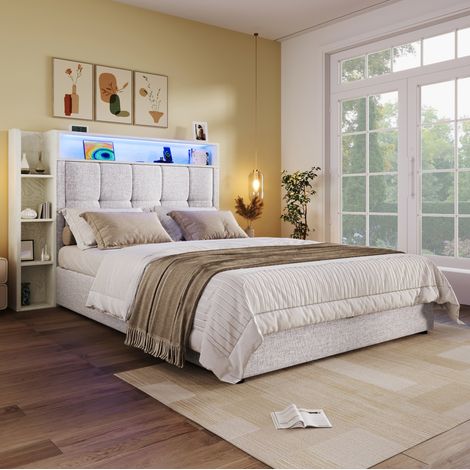 Cama dormitorio con USB y LED y almacenamiento beige OKMYHOME (1/5)