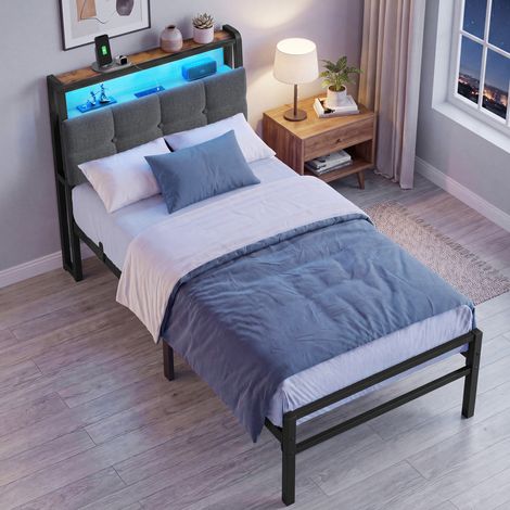 Lit Simple en Métal 90 x 190 cm, Tête de Lit Rembourrée avec Rangement, LED et Prise USB, Chambre, Noir et Marron (1/4)