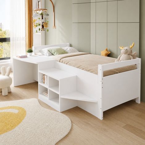 Cama infantil de madera blanca 90x200 cm con escritorio, almacenaje integrado y somier de láminas (1/5)