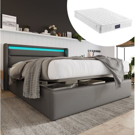 letto contenitore 160x200 LED grigio materasso incluso HAVRYA